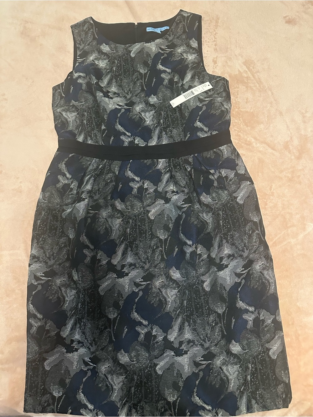 ANTONIO MELANI Navy and Silver Floral Jacquard Fit & Flare Dress